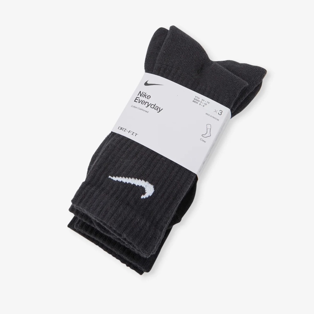 Nike dri-fit Everyday cotton cushioned black crew socks WHITE SWOOSH LOGO 3-pack